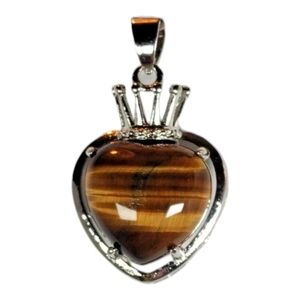 Silver Tone Metal Natural Gemstone Tiger's Eye Heart Crown Pendant Fashion Boho